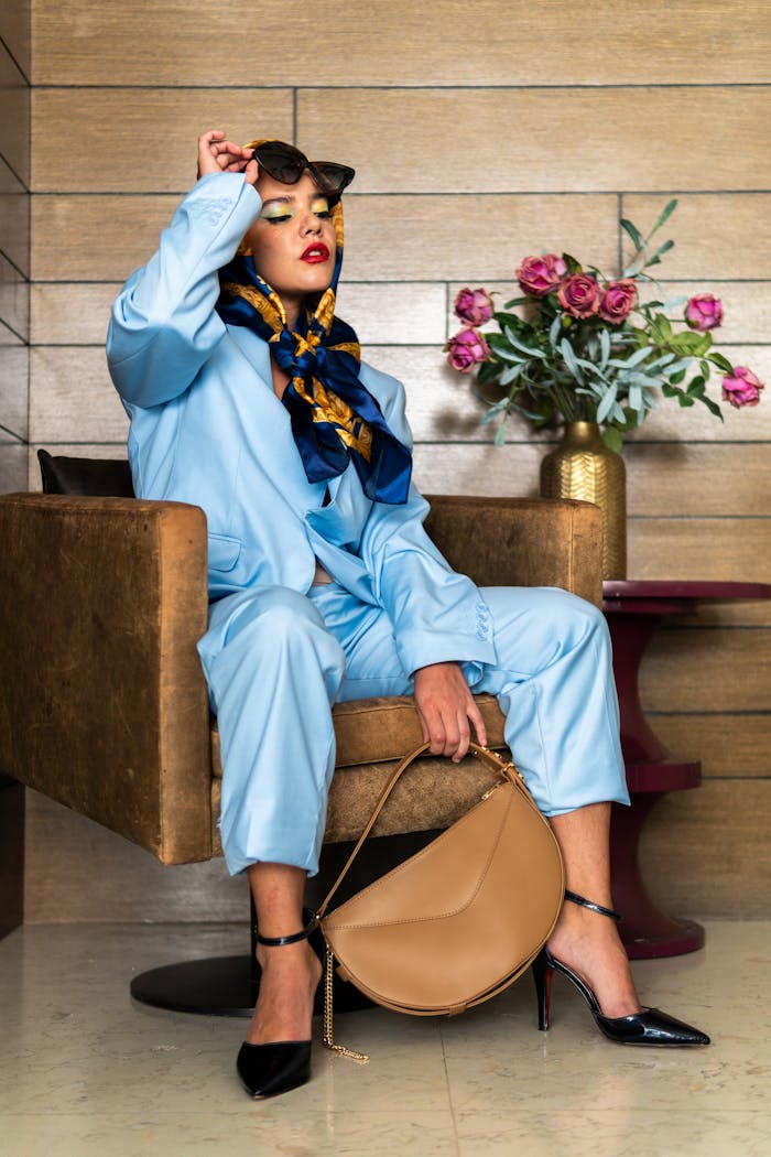 Fashionable woman in blue attire and sunglasses sitting indoors, embodying vibrant style.