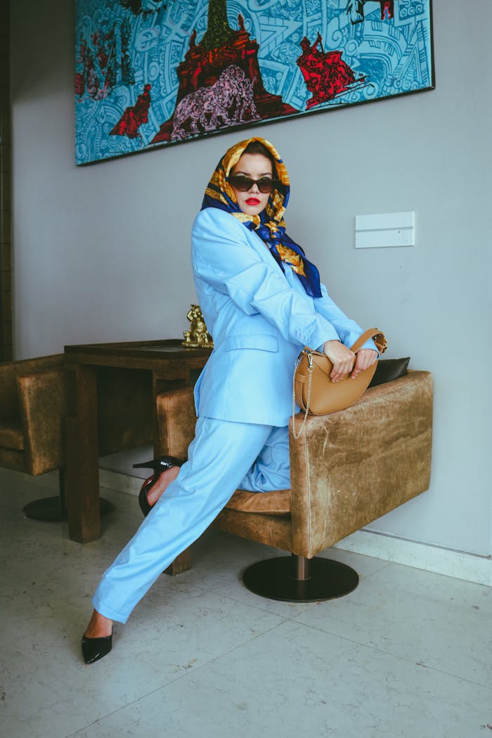 Fashionable woman in a blue suit and scarf posing indoors with modern art.